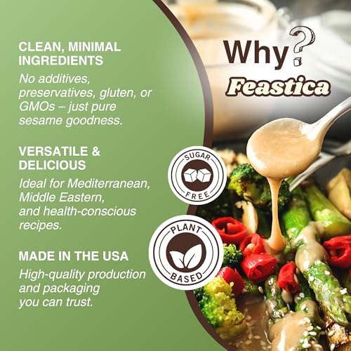 FEASTICA Natural Tahini, 100% Natural Sesame Paste, Gluten-Free, Non-GMO, Vegan, and Keto-Friendly (16 Ounce (Pack of 1))