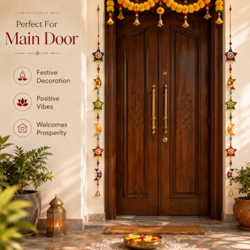 Image of Bindian Toran for Main Door, Decorative Door Thoranam Hanging, Diwali Decoration for Home Entrance, Wall Decor Hanging Ornament, Traditional Festive Welcome Decor for House (Star Moon Pack of 2)