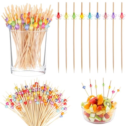 Omnikryp 200 Stück Cocktail Deko, Cocktailspieße aus Bambus, 12 cm Cocktail Zubehör, Obstgabeln, Spieß Zahnstocher für Häppchen, Kanapee, Fingerfood, Bar Deko Cocktailzubehör Trinkfrüchte Party