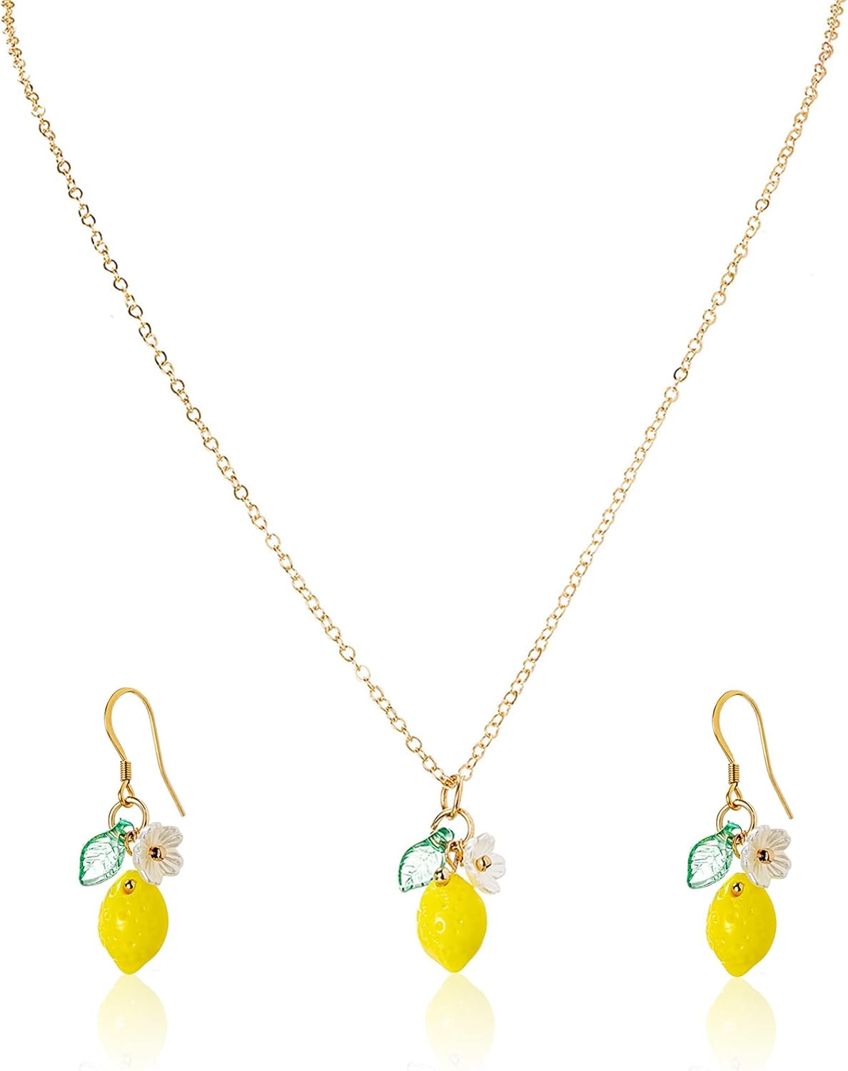 Lemon Necklace Earrings Set for Women Dainty Yellow Lemon Flower Pendant Necklace Cute White Floral Leaf Lemons Dangle Earrings Party Prom Daily Jewelry Accessories Gifts for Her
