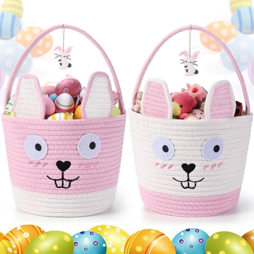 Image of Zopeal 2 Pcs Pink Easter Baskets Woven Rope Bunny Gifts Basket with Ears Large Empty Egg Storage Basket for Easter Party, 9.8 x 7.8 x 7.8 Inch