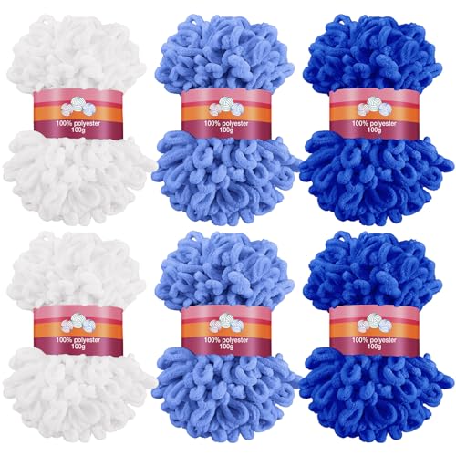 Image of Threlaco 6 Pack Finger Loops Yarn Bulk Soft Chunky Yarn 600 G / 6 Skeins for Mothers Day Beginners Knitting No Needles or Hooks(White, Light Blue, Dark Blue)