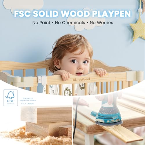 Image of Foldable Wooden Playpen - Adjustable Wood Baby Play Yard with Door, Indoor Large Safety Fence for Babies and Toddlers - Easy Assembly, Natural, 30 x 30 x 24 inches