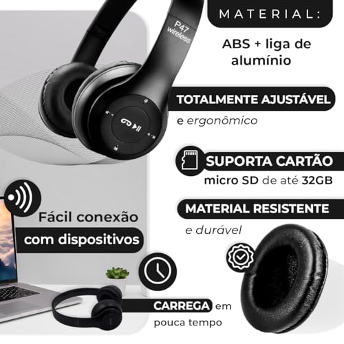 Fone de Ouvido Headphone P47 Sem Fio Bluetooth Wireless Micro Sd 5.0 Dobrável Com Microfone Reguláve
