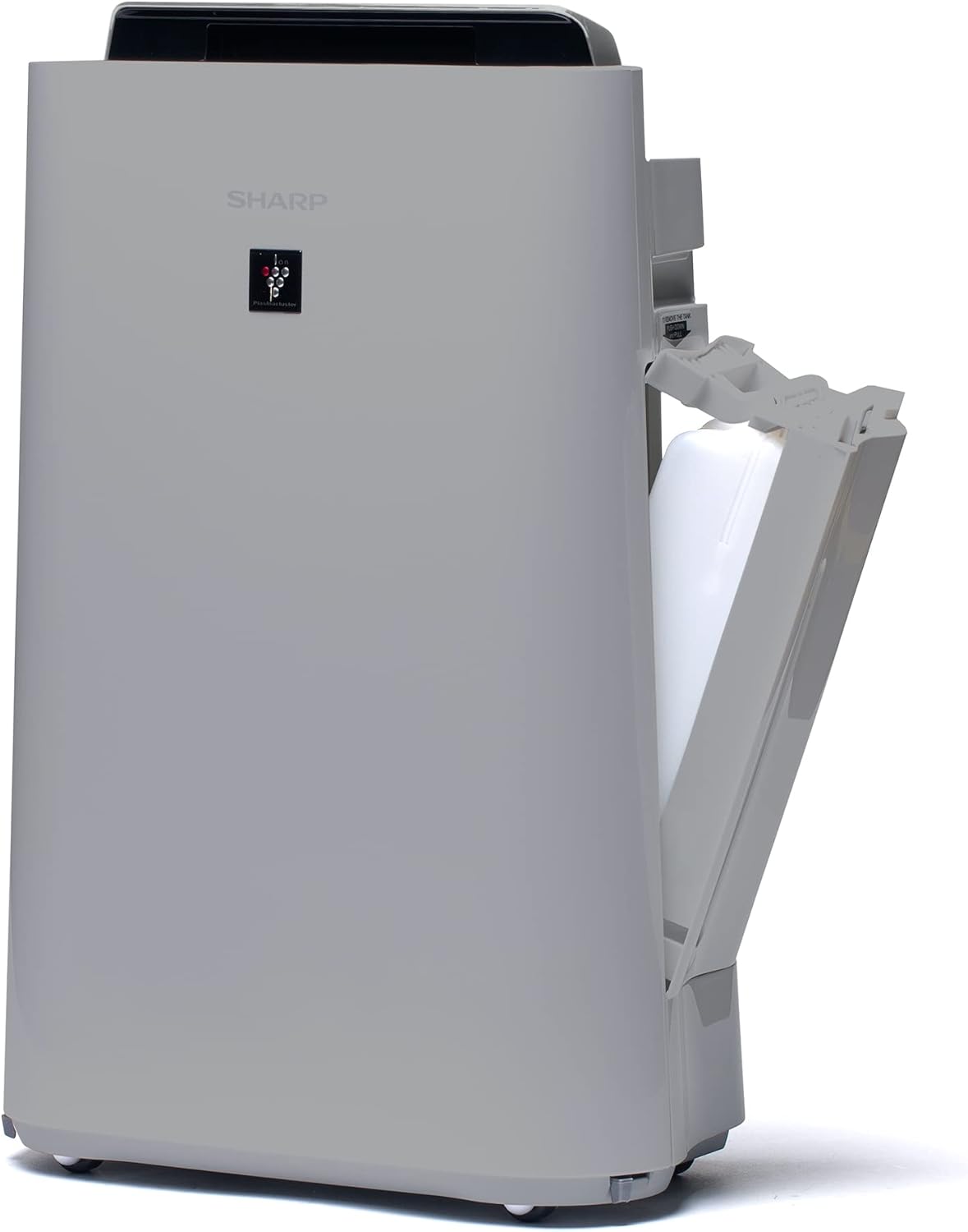 Side view of the Sharp UA-HD50E-L with the water tank compartment open