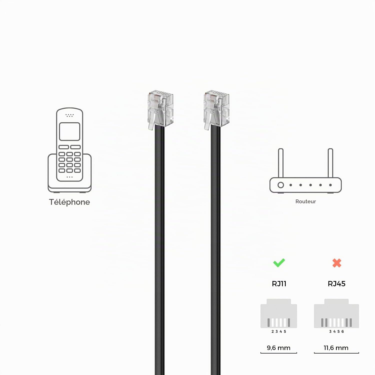 deleyCON 0,5m Câble Téléphone RJ11 Modulaire 6P4C Western 2x Fiche RJ11 Plat Noir