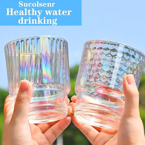 Image of WEZOSHINET Glass Tumblers with Straws and Lids Coffee Sipper Mug with Wide Mouth, Rainbow Glass Drinking Mason for Iced Tea, Juice, Cocktail, Cold & Hot Beverages Cups (Rainbow Stripe Mug /Pack of 1)