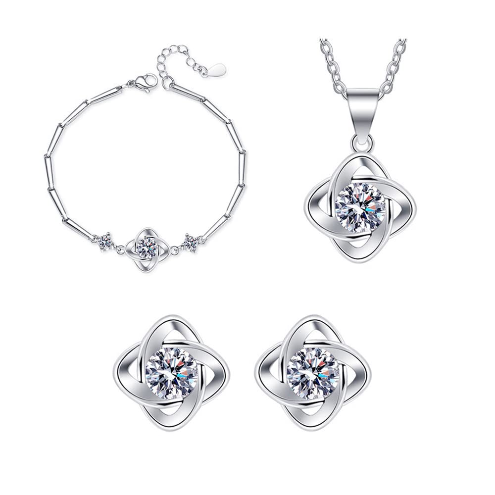 TOEECY Conjunto de Joyas de Trébol de Cuatro Hojas Plata de Ley 925 con Circonitas Colgante Collar Pendientes Pulsera Fiesta Boda Nupcial Dama de Honor para Niñas Novia