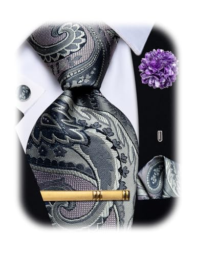 Image of YourTies Silk Paisley Floral Tie and Pocket Square Cufflinks with Lapel Pin Sets for Men 5PC Wedding Party