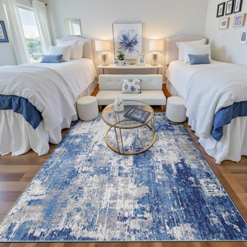 Washable Area Rugs 4'x6' Non-Slip Modern Abstract Soft for Living Room Entryway Bedroom Nursery, Print Pattern, Blue Grey Navy Gray
