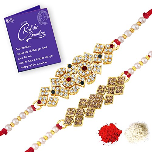 Image of Sukkhi Delicate Kundan Rakhi Combo & Designer Gold Plated Rakhi for Brother, Roli Chawal & Greeting Card|Combo-Set of 2 |CB73460