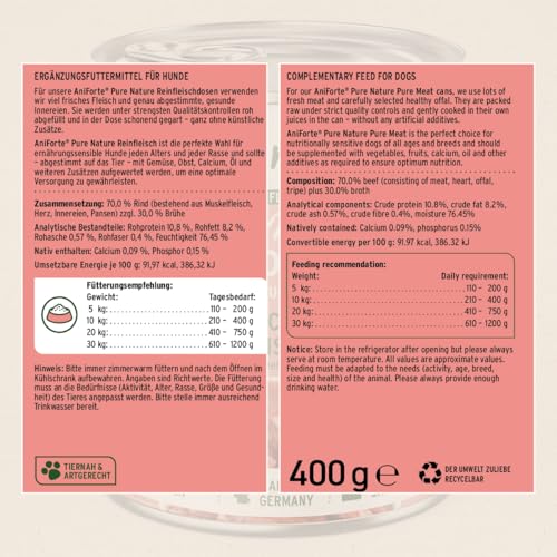 AniForte Barf Hundefutter Nass Rind Pur 6 x 400g – Fleisch Pur, Barffleisch für Hunde, Barffutter, Nassfutter getreidefrei & mit hohem Fleischanteil, Wet Dog Food Dosenfutter