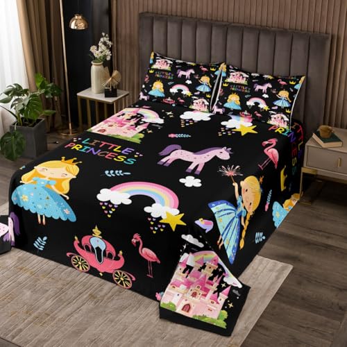 Manfei Magical Princess Bedspread King Size, Dreamy Castle Unicorn Coverlet Set 3pcs, Cartoon Rainbow Black Quilted Coverlet with 2 Pillowcases, Kids Girls Room Decor, Soft Bedding Quilt