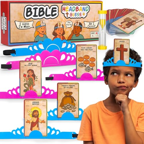 Garybank Juego de diademas de la Biblia para niños, juegos de adivinación de personajes de la Biblia y objetos, 66 tarjetas de palabras clave con historias y versículos de la Biblia, juguetes bíblicos