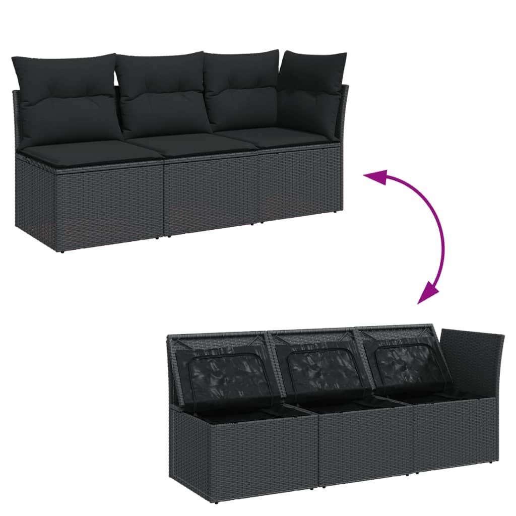 JUDYY Divano da Giardino a 3 Posti con Cuscini Nero in Polyrattan,Divano Giardino,Divano Giardino Esterno,Divano Giardino per Esterno-365987