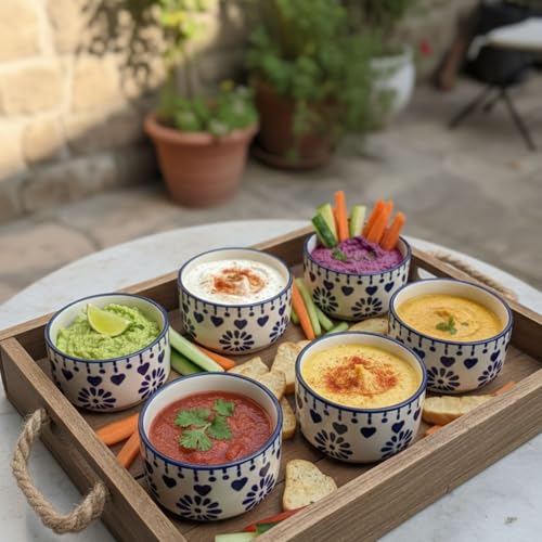 Image of Indigo Blossom 6-Piece Ceramic Dipping Bowl Set Housewarming Gifts - Microwave & Dishwasher Safe