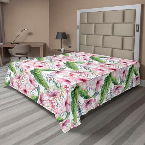 Ambesonne Hibiscus Flat Sheet, Exotics Feel Dreamy Jungle Flowers Boho Pattern with Leaves Greenery, Soft Comfortable Top Sheet Decorative Bedding 1 Piece, Queen Size, Fern Green Pastel Pink