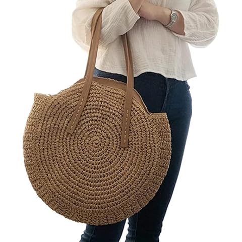 YCSMJYB Womens Hand-woven Straw Shoulder Bag,Straw Bags For Women, Round Straw Beach Bag Vintage Handmade Woven Shoulder Bag Rattan Bags Summer Vacation Casual Bags (Color : C blue) Cover