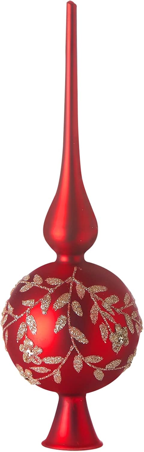 Glass Spherical Christmas Tree Topper Finial Christmas Ornaments with Carved Flowers Holiday Indoor Suitable for Home Party Decoration, 9.8inches, Red