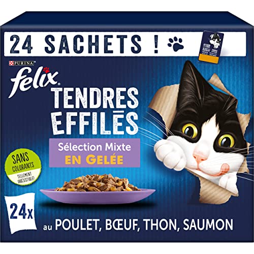 FELIX | Tendres Effilés | Chat Adulte | En Gelée | Alimentation complète | Sélection Mixte : au Bœuf, Poulet, Thon et Saumon | Sachets Fraîcheurs | Lot de 4 (24x85g)