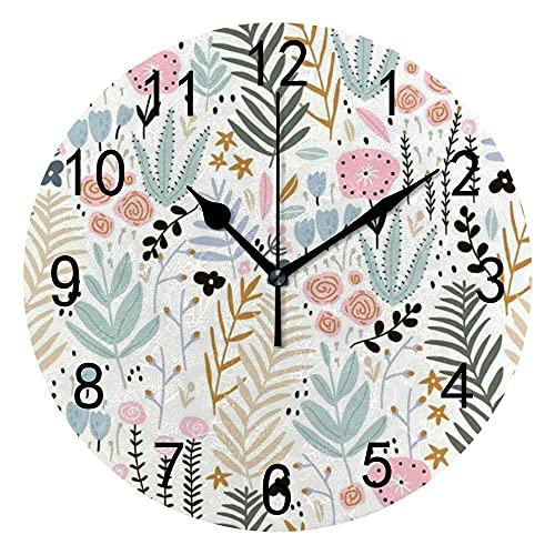 Hapuxt Wall Clock Pvc 9.8 Inch Doodle Flowers Branch Leaves Colorful Non Ticking Silent Round Battery Operated Home Decorative Kitchen Office Living Room Bedroom #TOP9