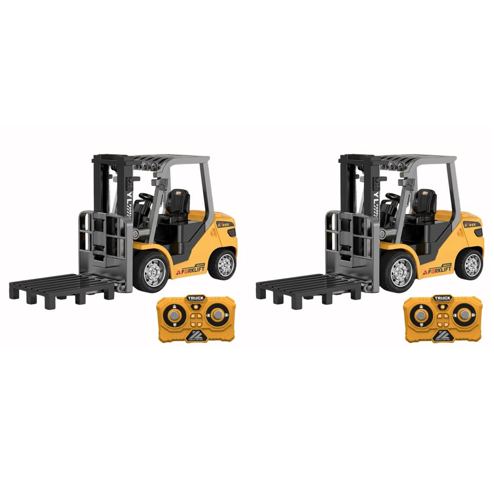 2set 1/64 Full Proportional RC Forklift Toy, Alloy Forklift Toy Car Model 2 in 1 Transformable Lift Fork & Hook Engineering Vehicle Tabletop Toys with Lights & Sounds Gifts for 4+ Kids