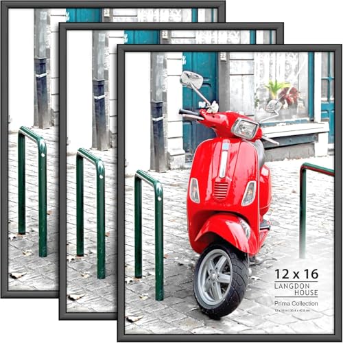 Langdon House - 12x16 Poster Frames - Black 3 Pack - 12 x 16 Modern Plastic Slide-In Photo Frames with Buildable Molding - Wall Mount Only with Non-Trace Nails - Prima Collection