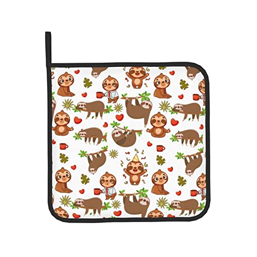 Sloth With Love Animal Oven Mitts Pot Holders Set,2-Piece Set, Heat Resistant Waterproof Gloves For Kitchen Cooking, Baking, Bbq #TOP7
