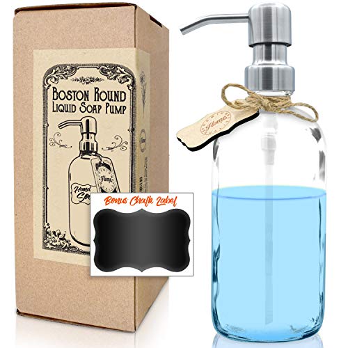 Premium Rust Resistant, Stainless Steel, Liquid Hand Soap Pump/Lotion Dispenser - Modern Farmhouse Inspired, Boston Round Clear Thick Glass Bottle with Bonus Chalk Label (16oz, Silver Pump)