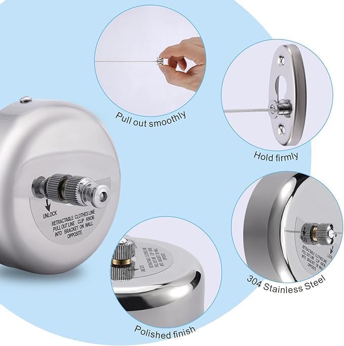 Image of Premium Retractable Stainless Steel Clothesline (Set of 3) - Adjustable & Lockable Wall-Mounted Laundry Drying Rope for Indoor /Balcony & Bathroom - Space-Saving Cloth Drying Wire (Silver) (3)