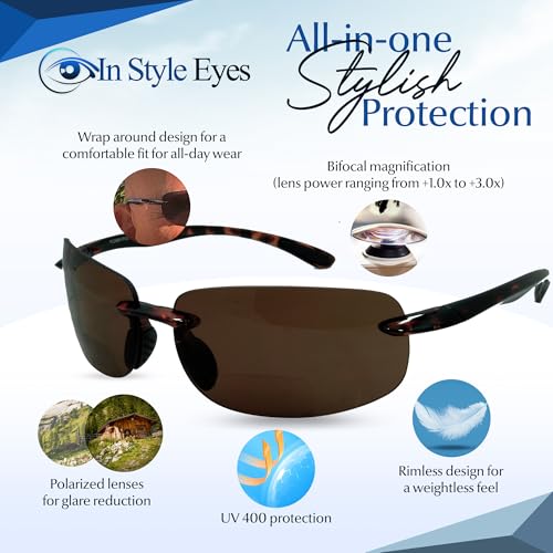 In Style Eyes Lovin Mawi Bifocal Wrap Around Sunglasses, Polarized Reading Glasses Reduce Sun Glare, Near Invisible Line Lens, Tortoise, 2.5x2