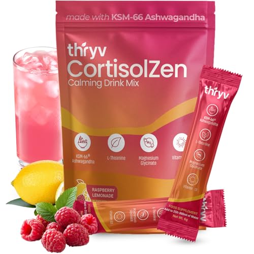 Thryv Cortisol Drink Sachets - Magnesium Powder with KSM-66 Ashwagandha L-Theanine Vitamin D3 - Sugar Free Calm Drink for Stress Relief Focus Memory & Relaxation - 20 Servings
