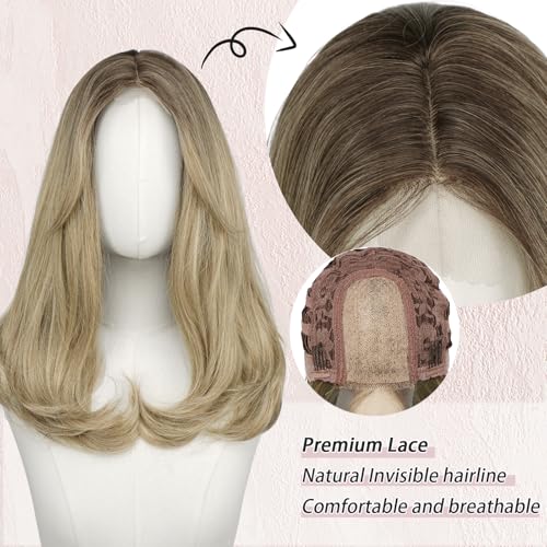 Image of FESHFEN Lace Front Hairline Wigs with Bangs, Synthetic Natural Looking Long Layered Straight Hair Wig for Women Daily Party Costume, 18 inch Ombre Mixed Blonde