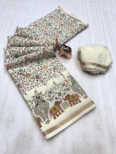 Image of Kalamkari Floral Prints Dola Silk Saree With Rich Zari Border Designer Pallu Attach Blouse Piece