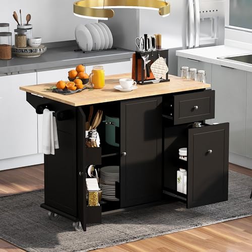 Kitchen-Island-with-Drop-Leaf-Storage-Rack-539-Width-Rolling-Kitchen-Cart-on-Wheels-WInternal-Storage-Rack-and-3-Tier-Pull-Out-CabinetSpice-Rack-for-Dining-RoomHome-BarBlack Kitchen Island with Drop Leaf Storage Rack 539 Width Rolling Kitchen Cart on Wheels WInternal Storage Rack and 3 Tier Pull Out CabinetSpice Rack for Dining RoomHome BarBlack