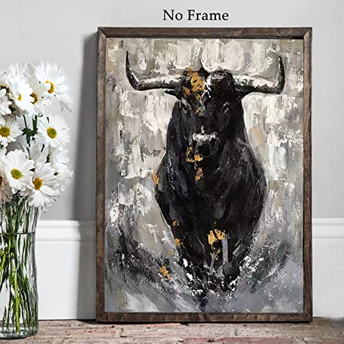 Bull Cow Canvas Wall Art Abstract Cow Painting For Bathroom Texas Cow Picture Black Cattle Poster Longhorn Art Print Rustic Farmhouse Country Animal Wall Art Fighting Bull Artwork 16X24Inch No Frame #TOP2