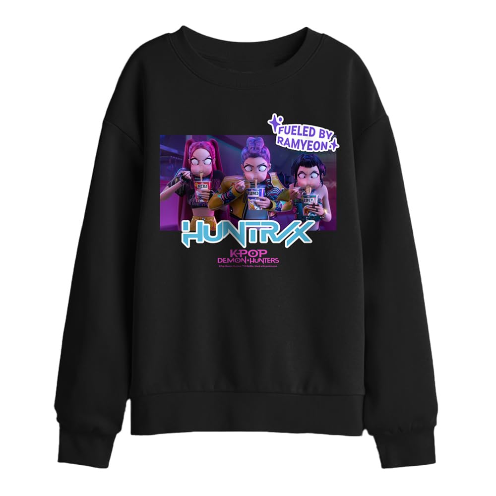 Kpop Demon Hunters Huntrix Eating Ramyeon Kids Sweatshirt, Black, 9-11Y
