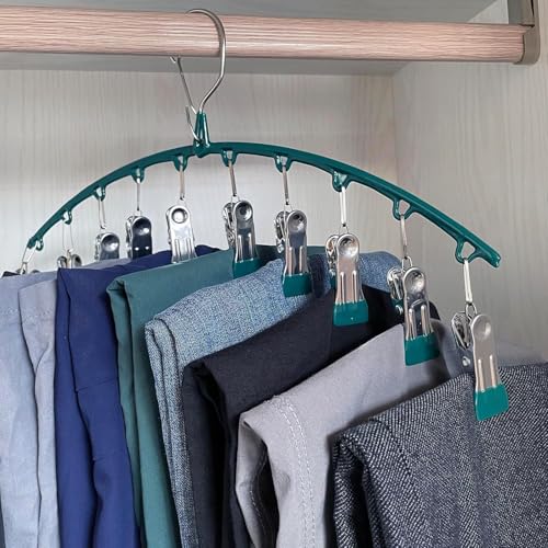 Image of Vastra Leggings Organizer for Closet, Metal Pants Hanger with 10 Rubber Coated Clips, Space Saving Wardrobe Organizer for Leggings, Jeans, Scarves, Dupattas, Towels & Baby Clothes (3, Green)
