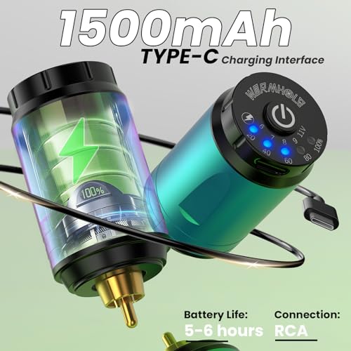 Image of Wormhole Wireless Tattoo Gun Complete Tattoo Practice Kit Rotary Machine Kit Tattoo Gun with 1,500 mAh Capacity Power Supply 10 Tattoo Ink 20 Cartridge Needles Tattoo Supplies
