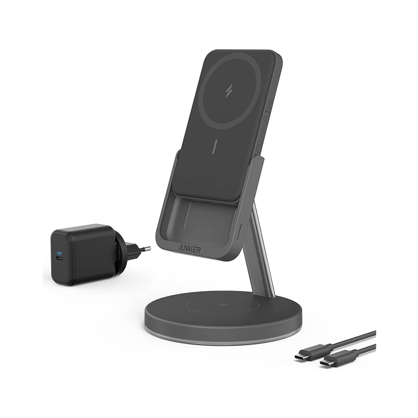 Immagine del prodotto Caricabatterie wireless magnetico Anker 633 (MagGo), stazione ricarica wireless, caricabatterie portatile rimovibile, per iPhone 13/12 e AirPods Pro, grigio interstellare