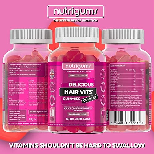 NUTRIGUMS® - Hair Vitamin Biotin Complex | 60 Vegan Cherry Flavour Gummies | Two Month Supply | Contains 12 Essential Nutrients with Biotin, Zinc & Vitamin A & C.
