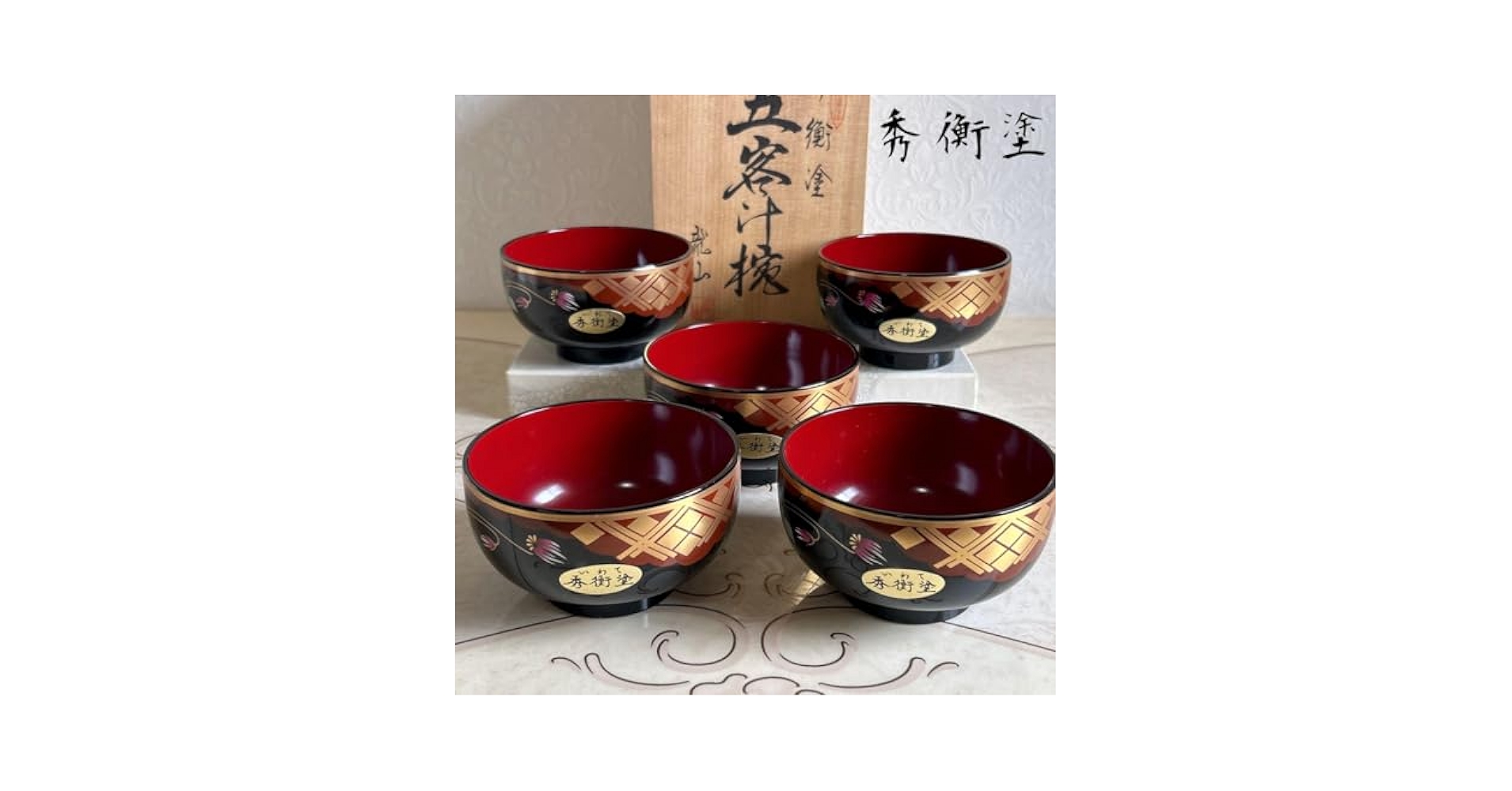 秀衡塗　龍山造　汁椀　5客セット　共箱付　吸物椀　金彩　朱　漆器　岩手伝統工芸品 Amazon.co.jp: 秀衡塗 龍山造 汁椀 5客セット 共箱付 吸物椀