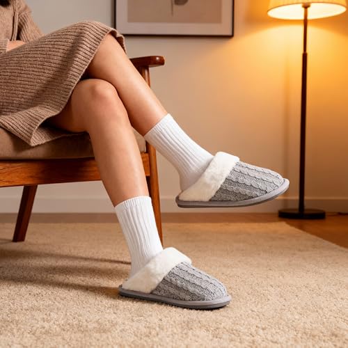 Image of Winter Fuzzy Slippers for Women,Cozy Memory Foam House Shoes Soft Cable Knit Non-Slip indoor Slippers
