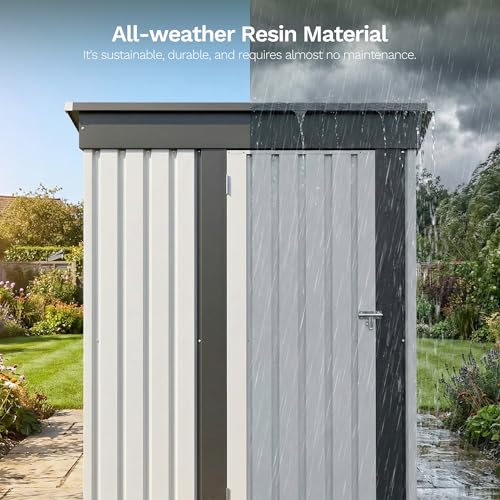 Image of Devoko 5 x 3 FT Storage Sheds with Floor Frame, Waterproof Garden Tool Shed with Lockable Door, Outdoor Metal Small Shed for Backyard Patio Lawn, White