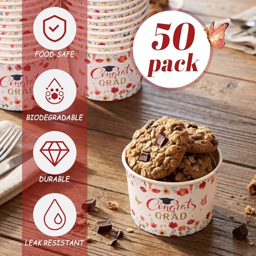 Image of Funnymoom 50 Pack Red Wildflower Graduation Ice Cream Cups 9 oz Class of 2026 Congrats Grad Disposable Dessert Snack Cups Floral Graduation Paper Soup Bowls for College High School Party Supplies