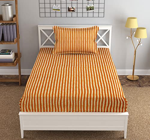 Image of Fitzy 280 TC Fitted bedsheet Single Size, Elastic bedsheet,36x78 inches + 10 inches Drop, with 1 Pillow Cover (D Stripes Camel, 36 inch x 78 inch)