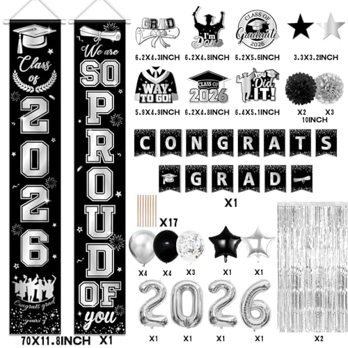 Image of Black and Silver Graduation Decorations, Graduation Decorations with Congrats Grad Banner Fringe Foil Curtain 2026 Balloons Graduation Photo Props for Silver Graduation Decorations Class of 2026