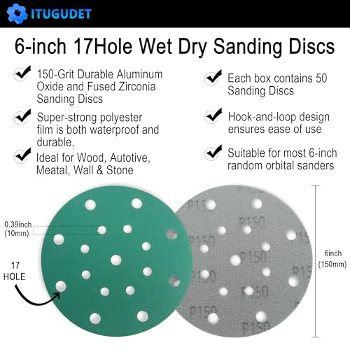 Image of 6 Inch 17 Hole 150 Grit Zirconia Alumina Hook & Loop Sanding Discs, Heavy-Duty Polyester Film Backing, Wet /Dry Anti-Clog for Random Orbital Sanders - Wood, Automotive, Metal - 50 Pack