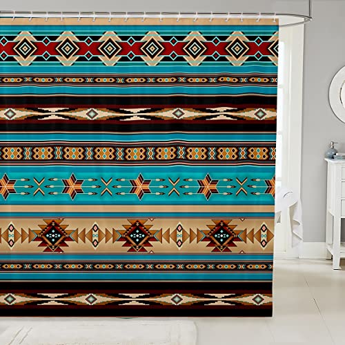 Aztec Bath Curtain Ethnic Tribal Arrow Shower Curtain Set,Vintage Southwestern Native Bohemian Curtain 72" Wx72 L,Western Star Exotic Geometric Diamond Stripes Bathroom Decor,Teal Blue and B