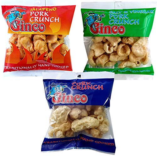 Ginco Pork Crunch 12 x 25g- Jalapeno Salt and Vinegar Salted. Seasoned Crispy Pork Puffs high protein low carb pub snack. (Assorted (3 x 4)12 Pack)
